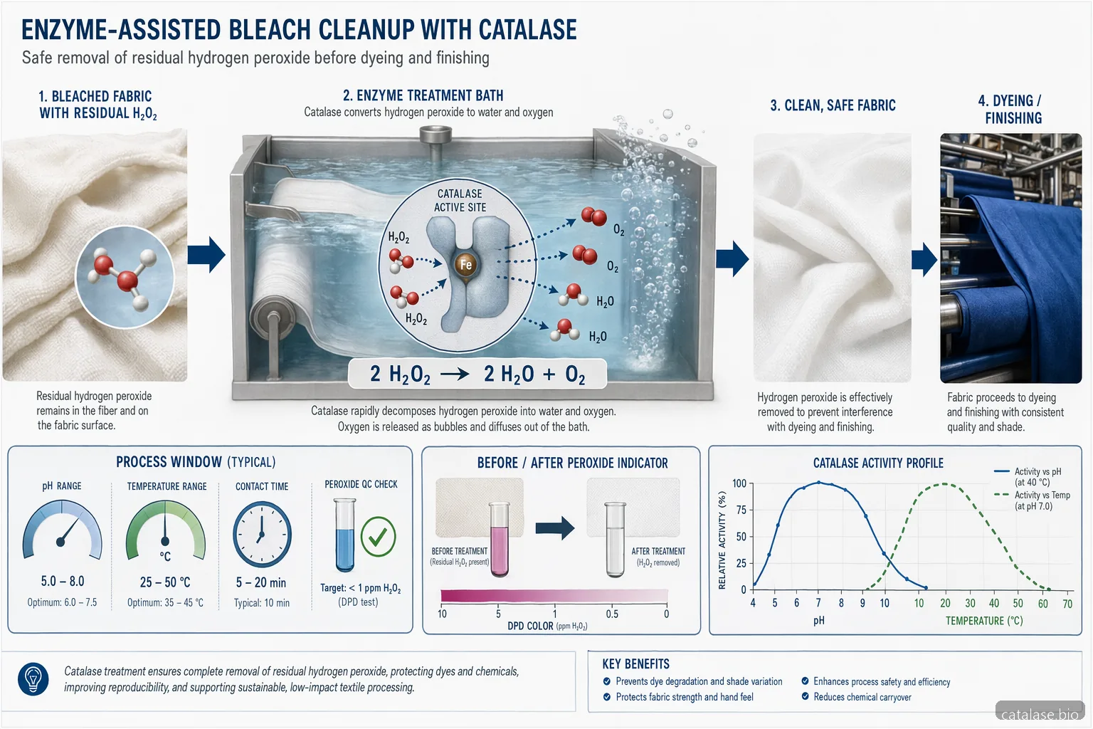 Anvendelse af catalase enzyme i tekstilblegning, diagram der viser hydrogen peroxide omdannet til vand og oxygen før farvning