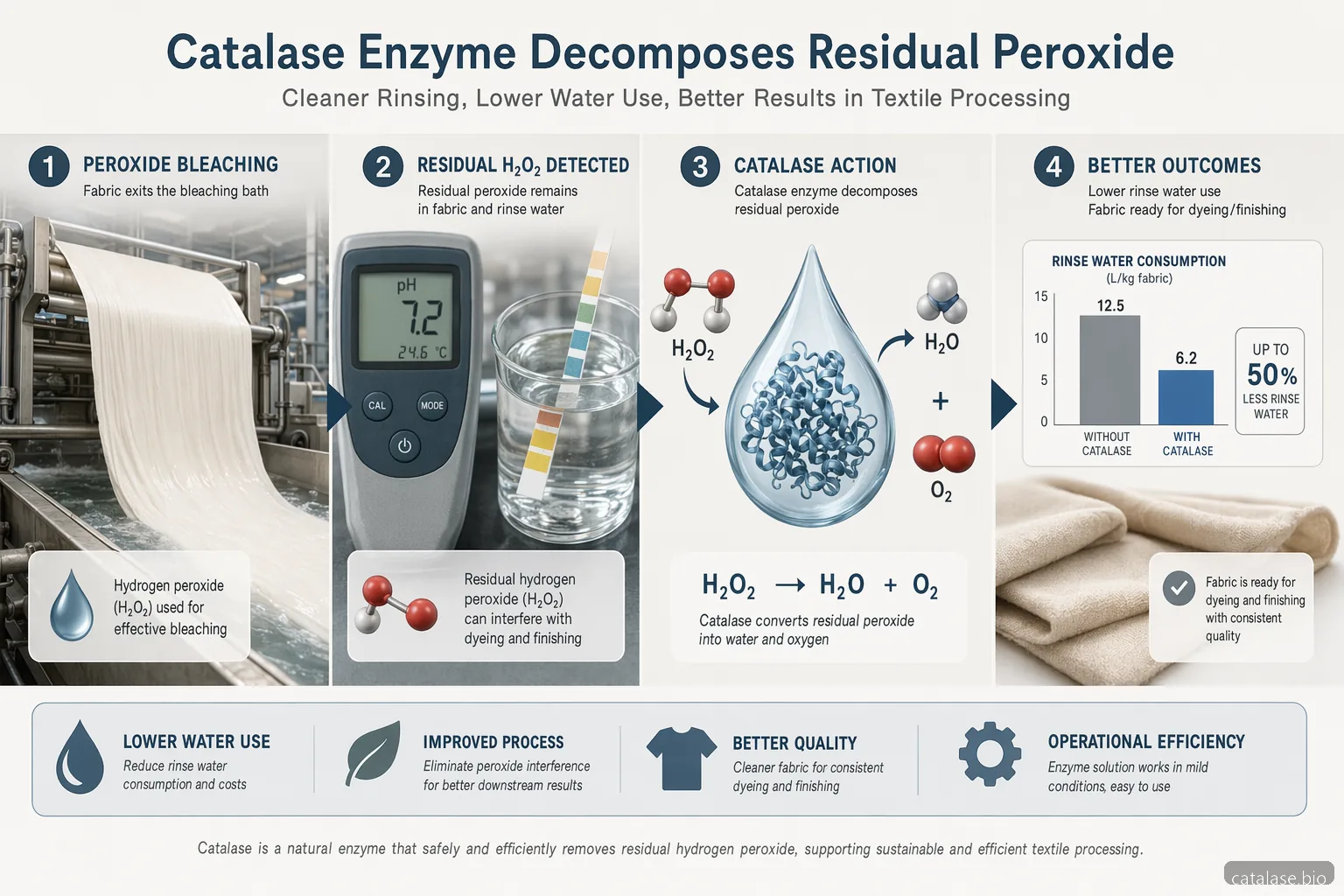 Anvendelse af catalase enzyme i tekstilblegning, infografik med fjernelse af peroxid, færre skylninger og klar til farvning