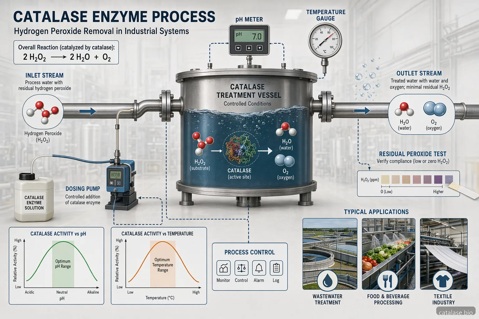 مخطط catalase enzyme: application in bioremediation and food industry يبين تحويل H2O2 مع ضوابط pH ودرجة الحرارة