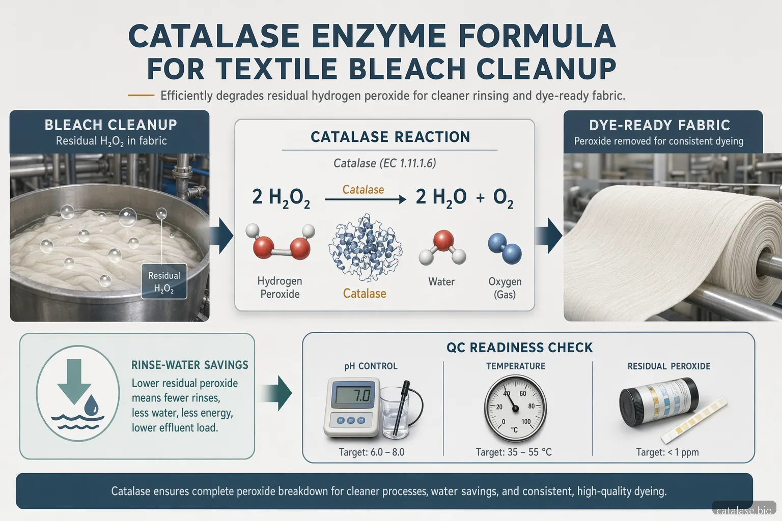 Infografía de la fórmula de catalase enzyme para limpieza de blanqueo textil, con conversión de peróxido, ahorro de enjuagues e iconos QC.