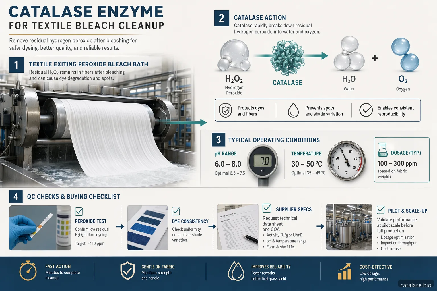 إنفوجرافيك catalase enzyme لإزالة بقايا التبييض في النسيج يوضح التخلص من peroxide، ضوابط العملية، فحص الجودة، ومراجعة المورد