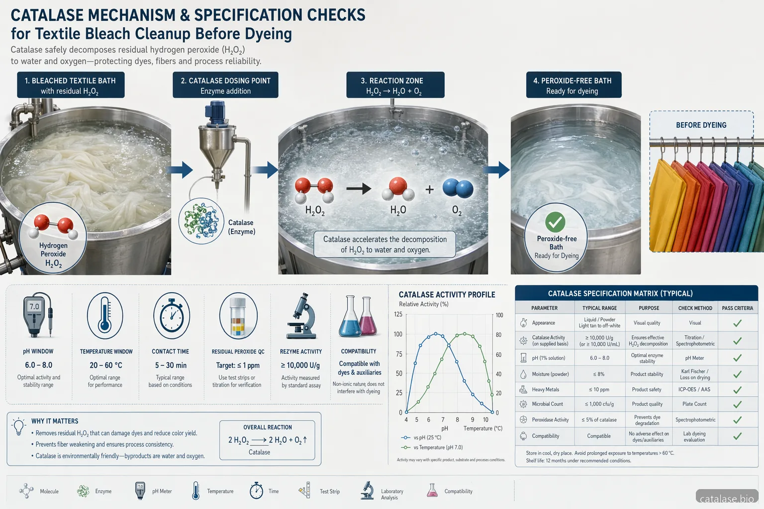 enzyme and catalase textile bleach cleanup diagram showing hydrogen peroxide breakdown before dyeing