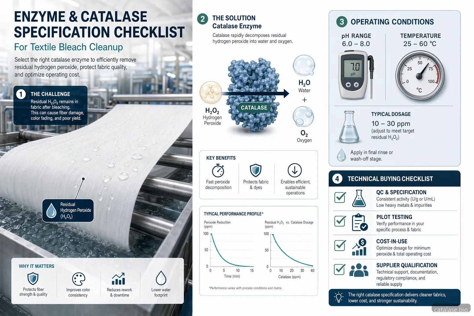 enzyme and catalase textile bleach cleanup checklist with peroxide neutralization, pH, temperature, QC icons