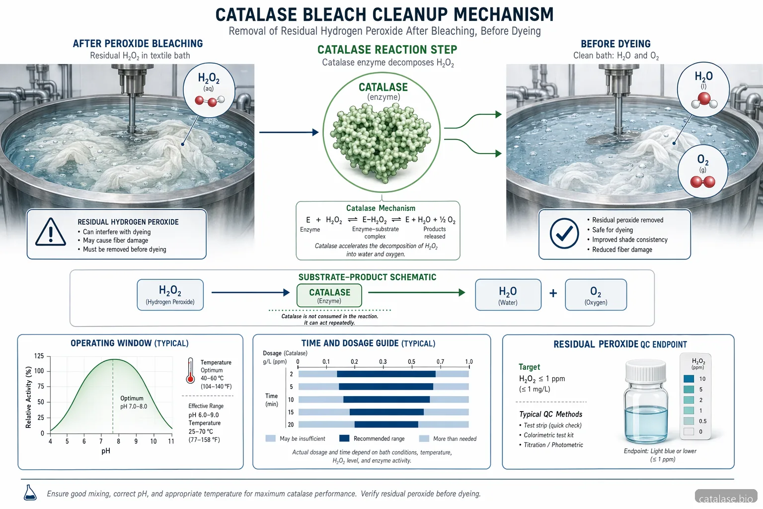 textile catalase enzyme industry 표백 잔류 제거 메커니즘 다이어그램으로, H2O2 전환, pH-온도 범위, QC 점검을 표시