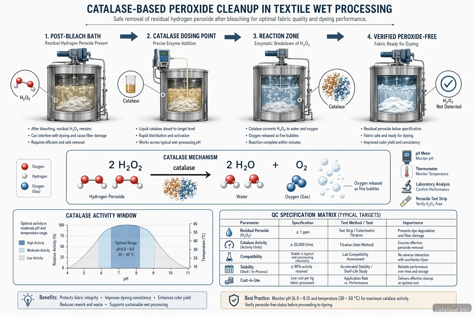 Диаграма от доклад за textile catalase enzyme industry, показваща механизма за отстраняване на пероксид, крива на активност и QC точки