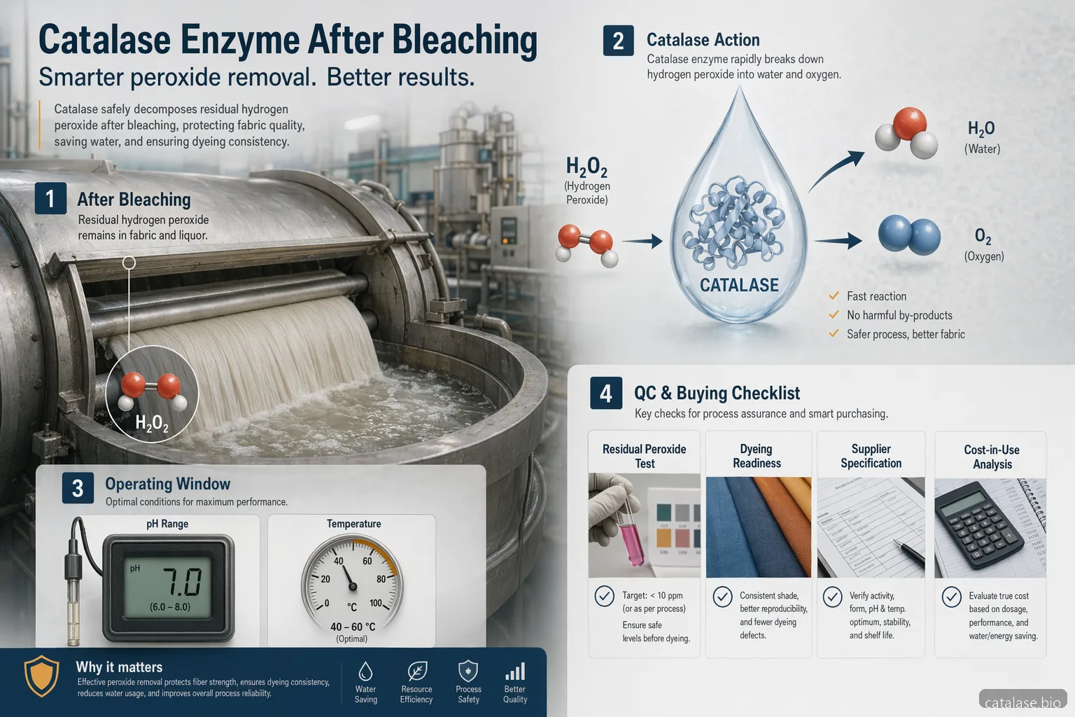 Доклад за textile catalase enzyme industry с ръководство за обезцветяване, дозиране на catalase, pH-temperature прозорец и QC проверки при боядисване