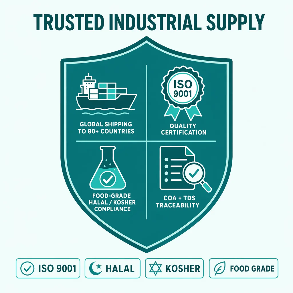 Catalase quality &amp; certifications badge — ISO 9001, HALAL, KOSHER, Food Grade